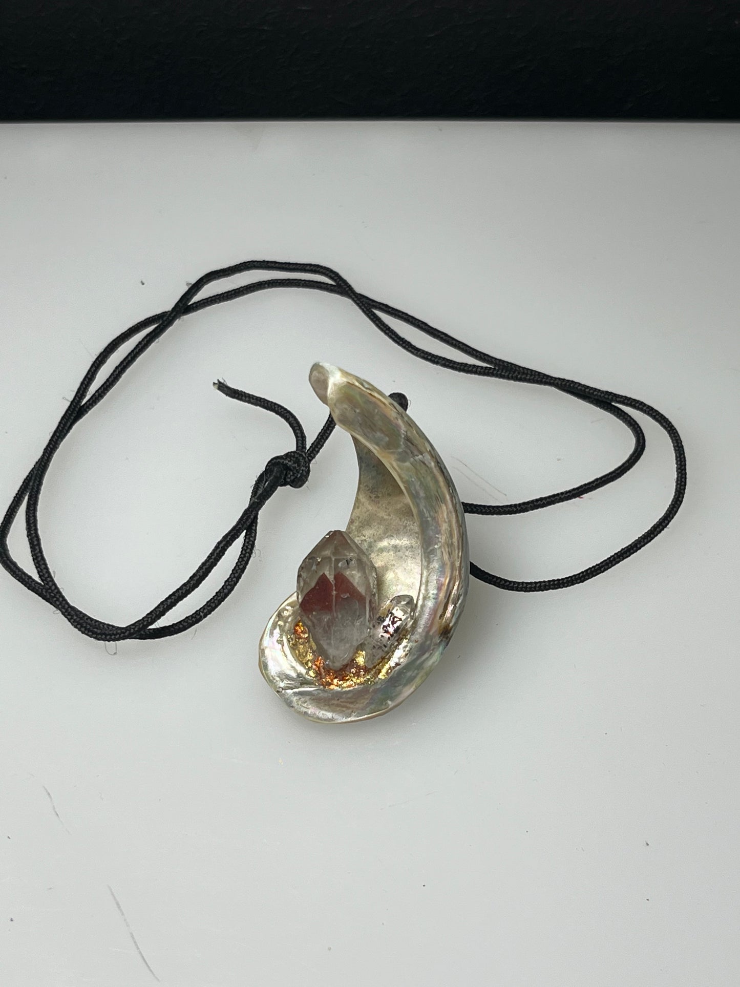 Abalone Pendant with Fire Quartz and Phantom Crystals