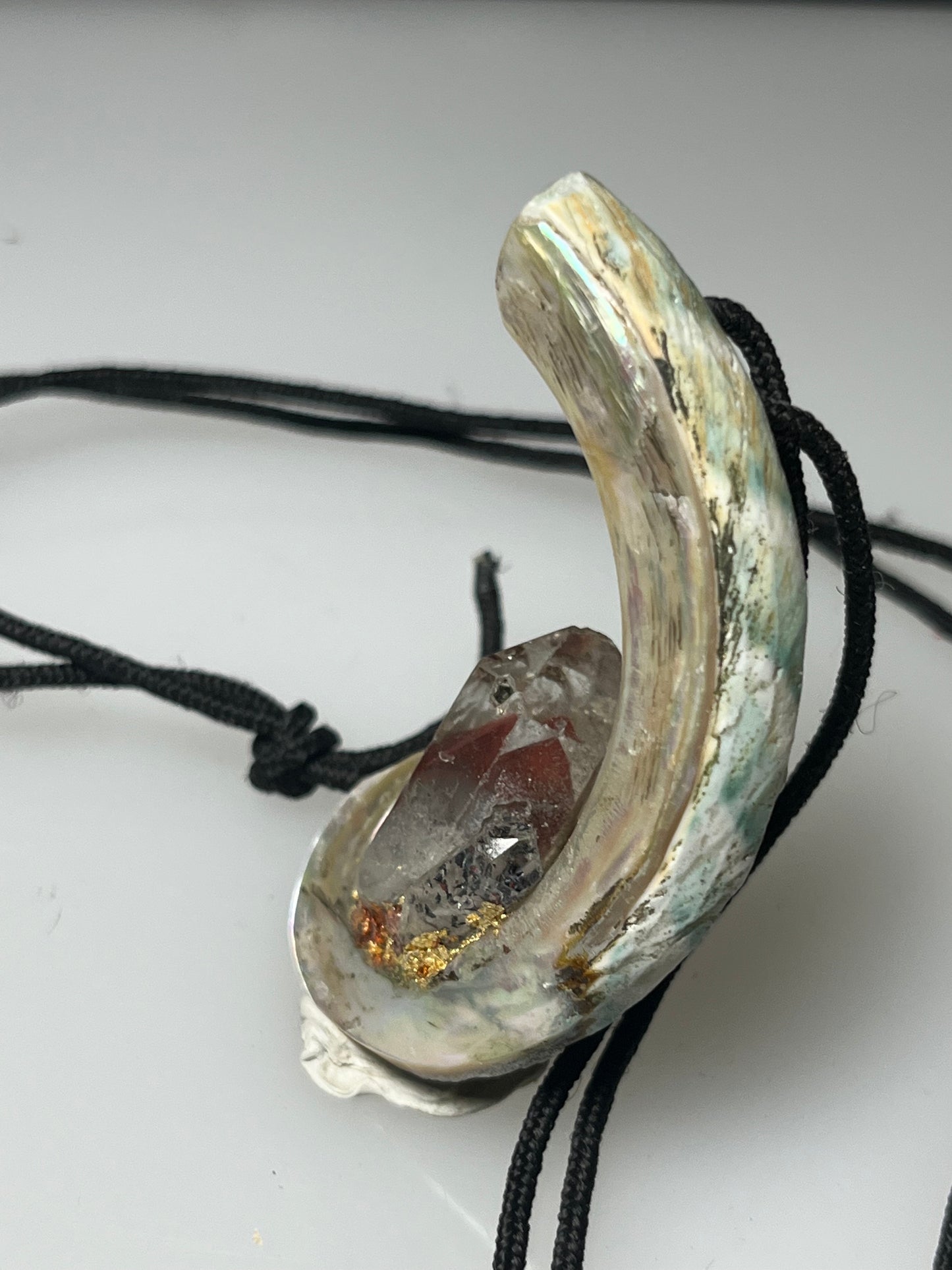 Abalone Pendant with Fire Quartz and Phantom Crystals